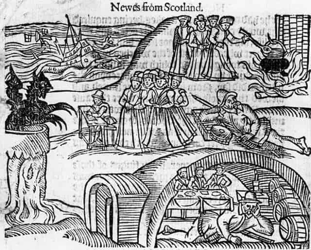 An etching shows the era of witchcraft in Scotland.