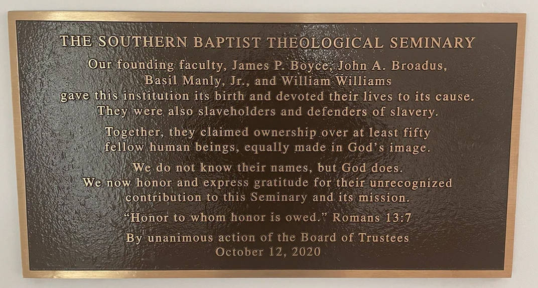 A bronze plaque at the Louisville, Kentucky Southern Baptist seminary meant to honor the slaves of its founders.