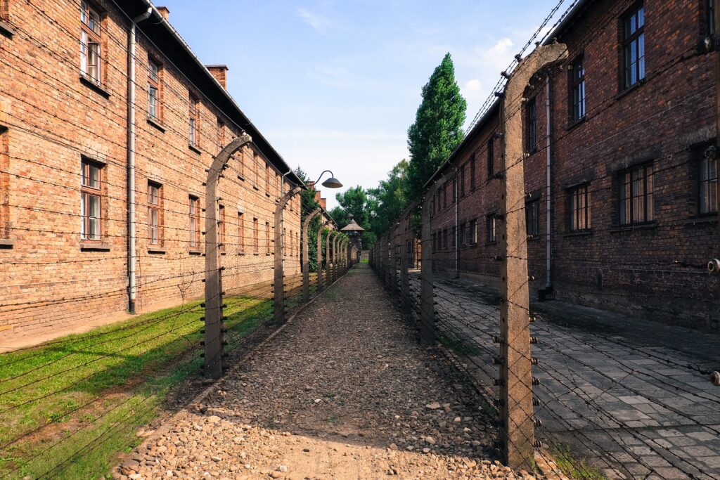 A barbed wire fence and long brick buildings are shown at Auschwitz.