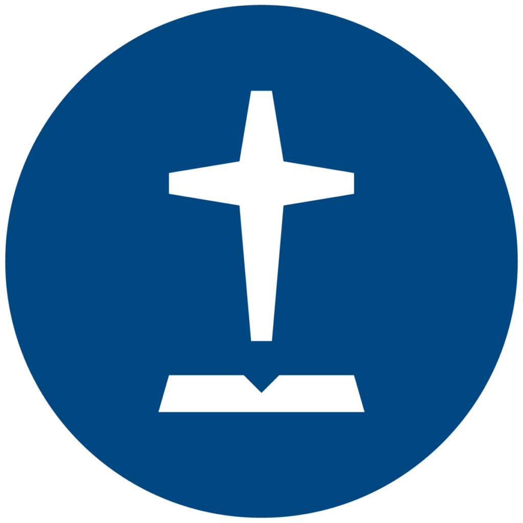 SBC logo- a blue circle with a cross shape over an open book.