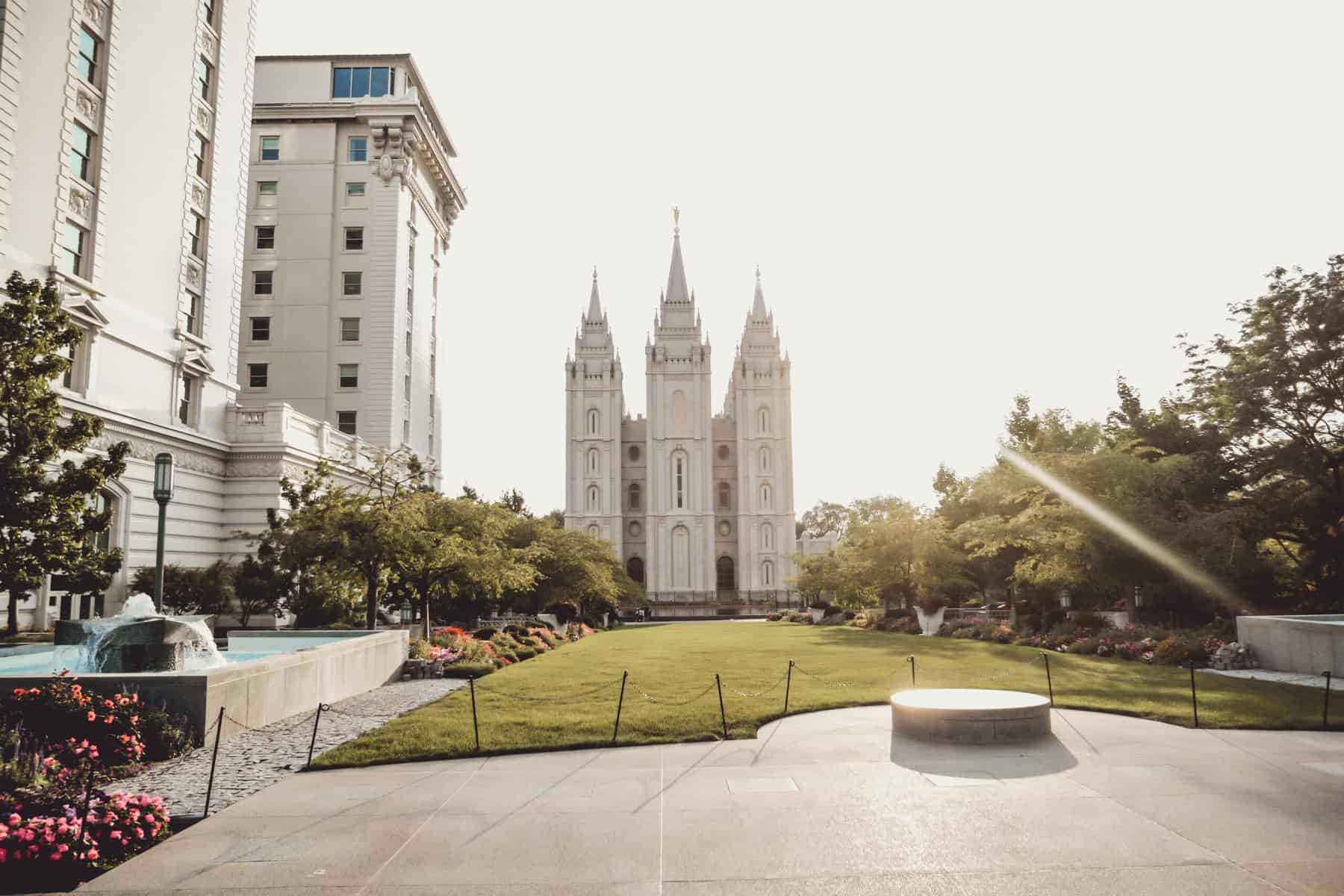 The Mormon temple in Salt Lake City, Utah is pictured from the front.