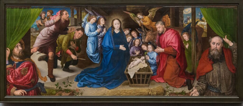 Hugo van der Goes colorful 1408 painting of the nativity is shown.
