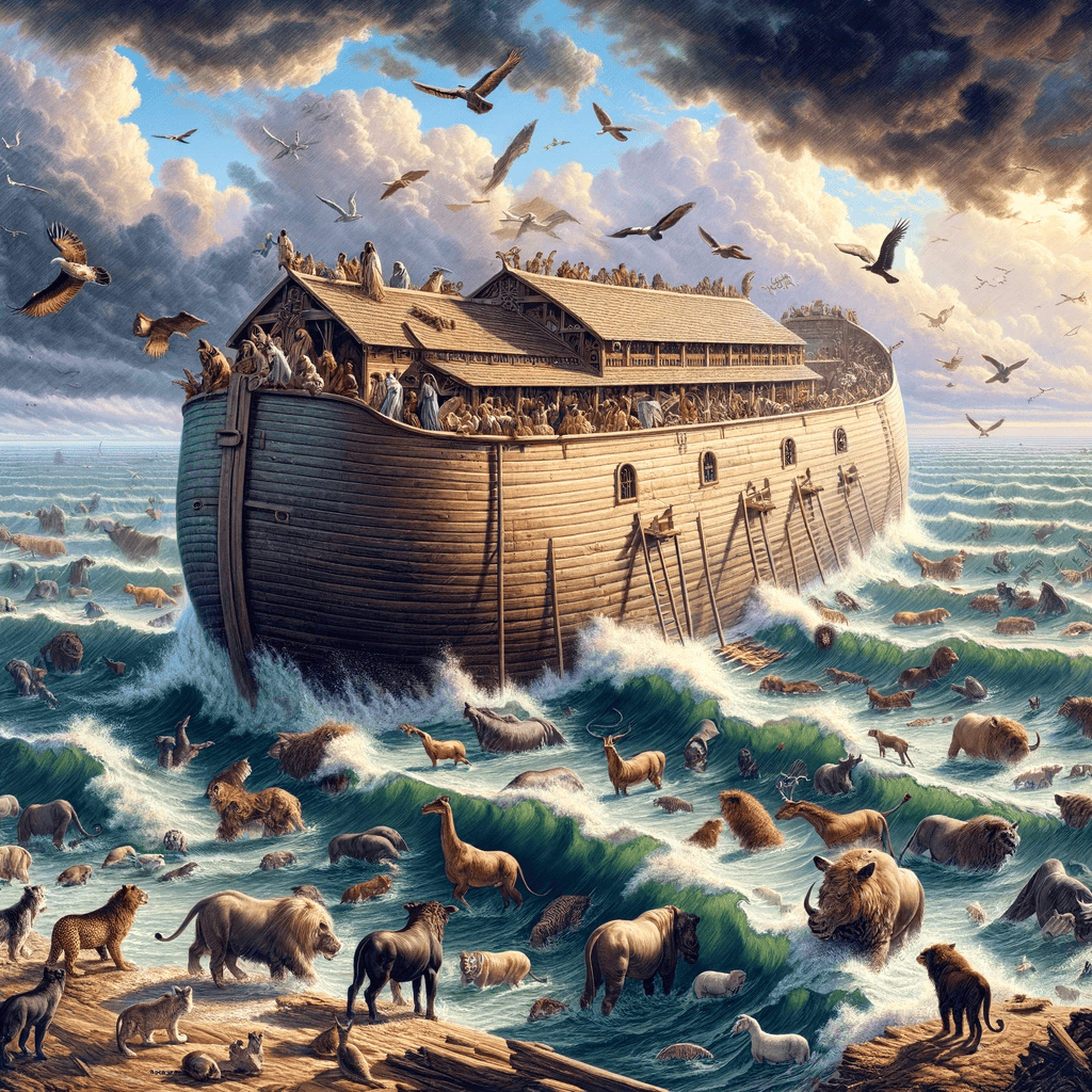 Noah's Ark on tumultuous waters during the flood