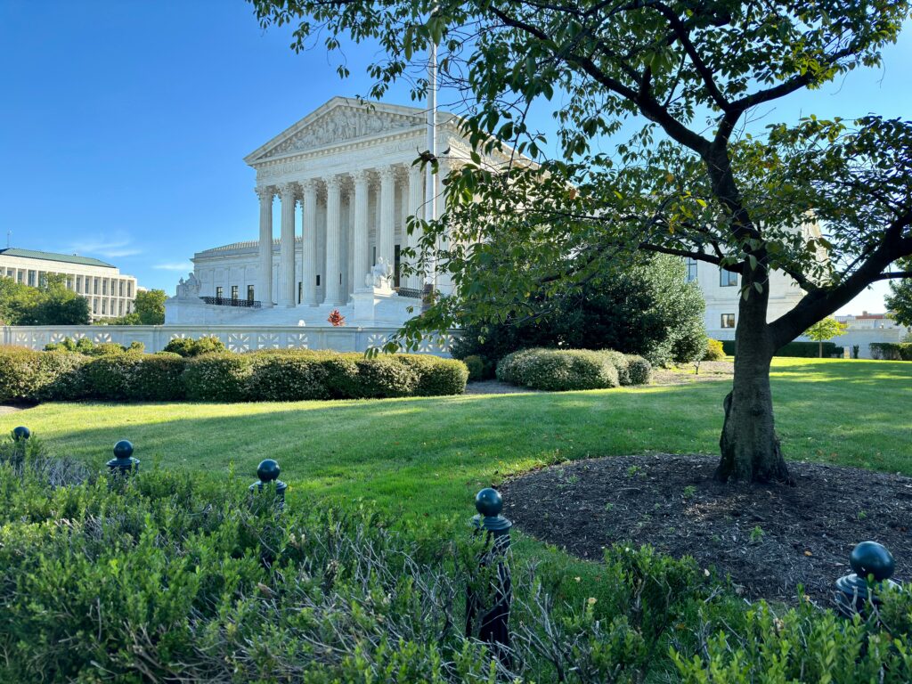 A court building is seen at a distance across green grass and flowers.