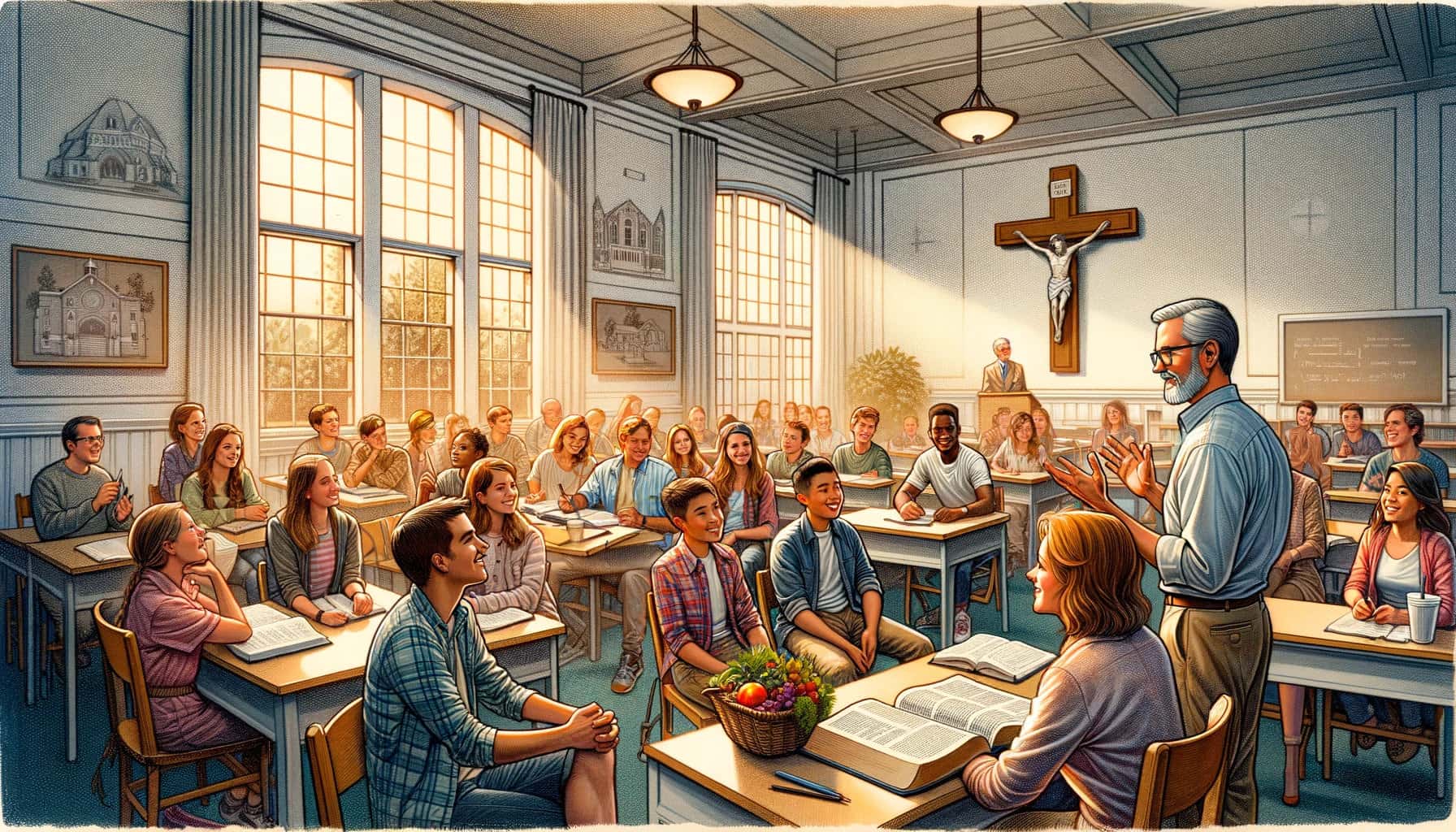 Students in a Classroom Setting with Integrated Faith Elements