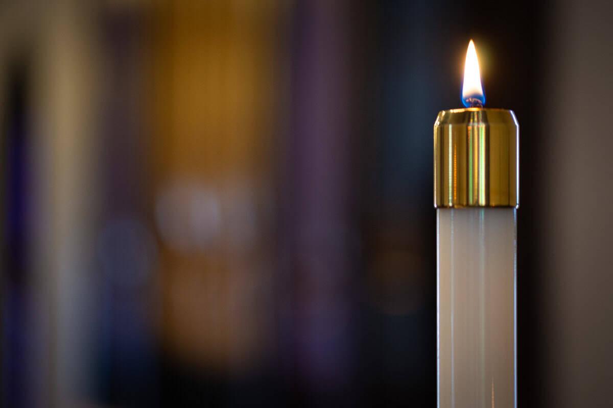 A lit candle in front of pipe organ pipes in a church nave.