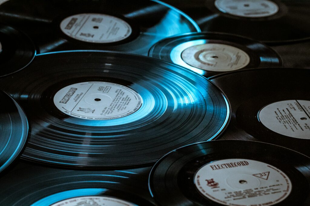 A pile of vinyl records.