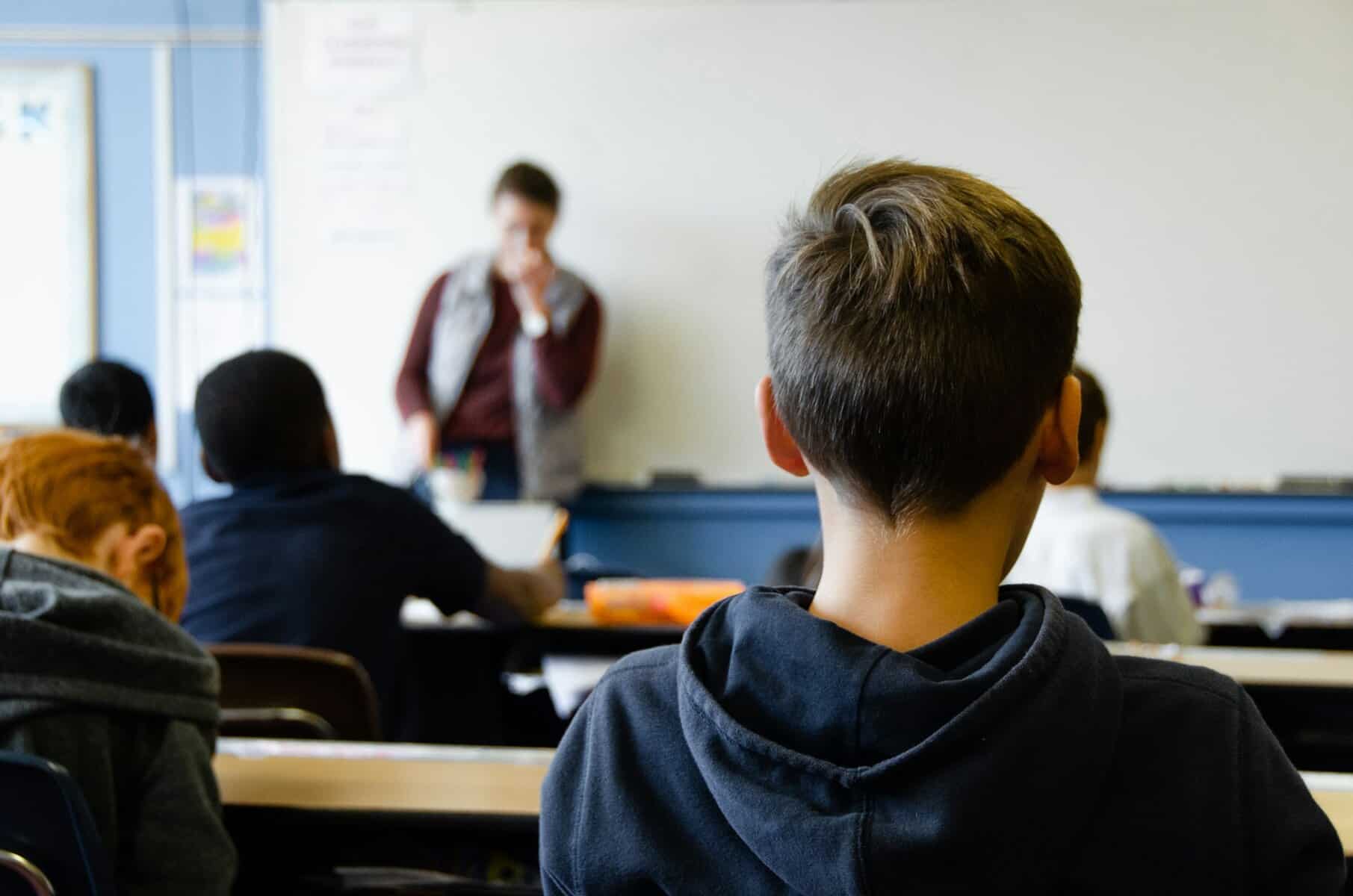 A boy sists in a classroom with his back to the camera.