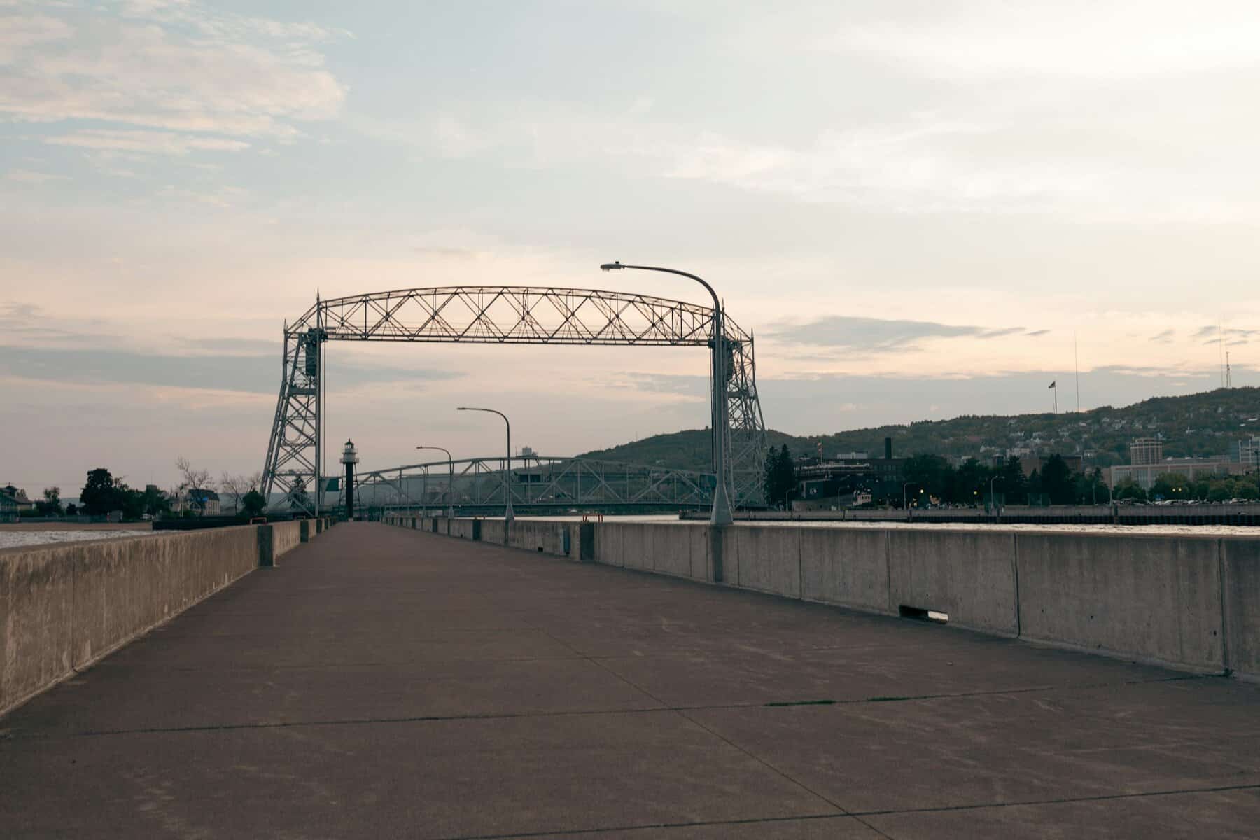 A bridge over a body of water in Duluth, MN.