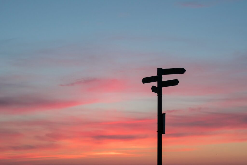 Street signs in silhouette against a pink sky.