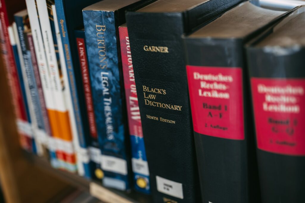 Law books on a library shelf.