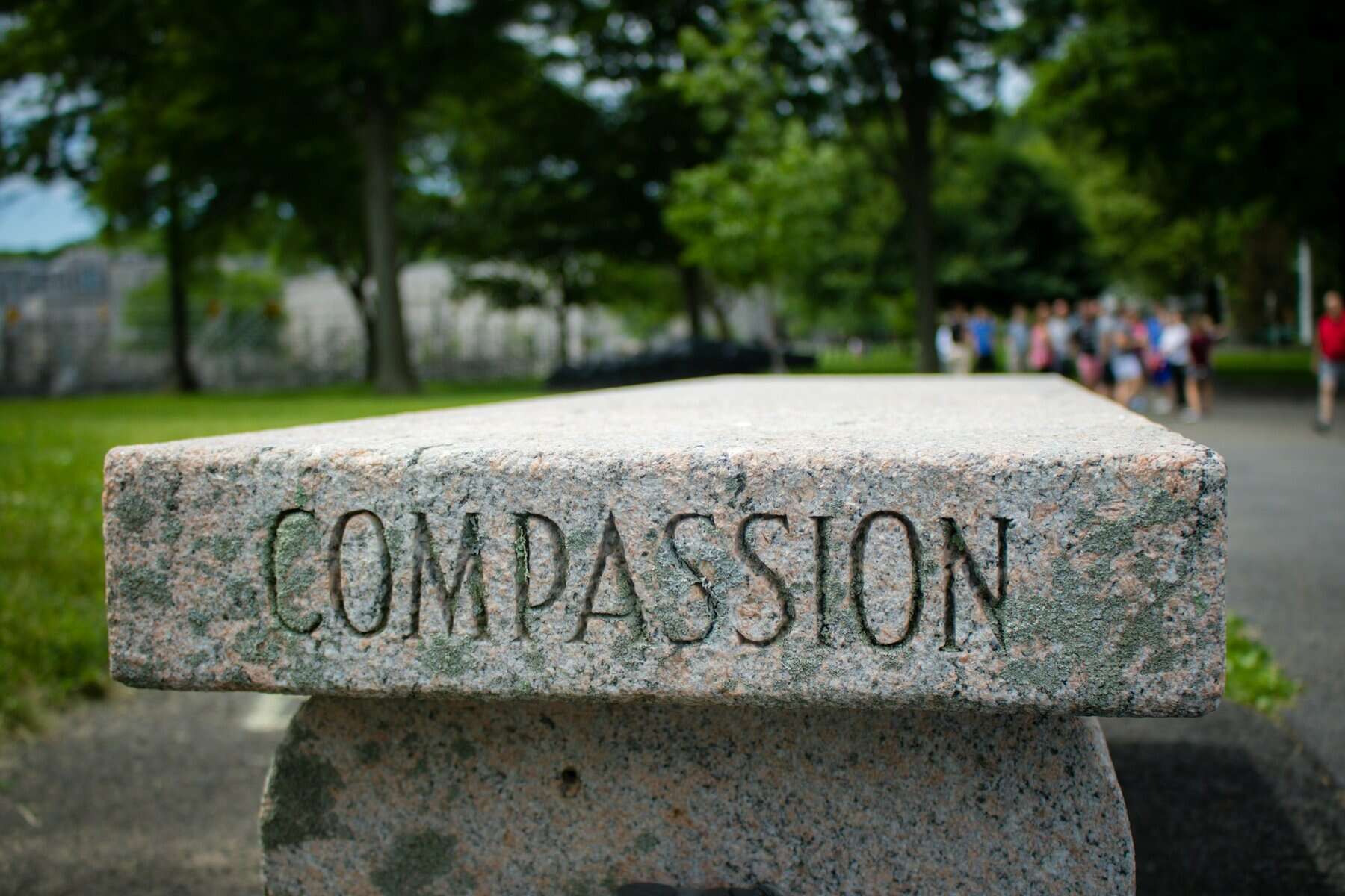 A bench with "Compassion" engraved on it.
