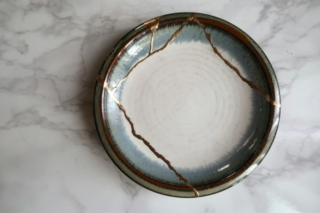 A Japanese plate mended with the Kintsugi technique.