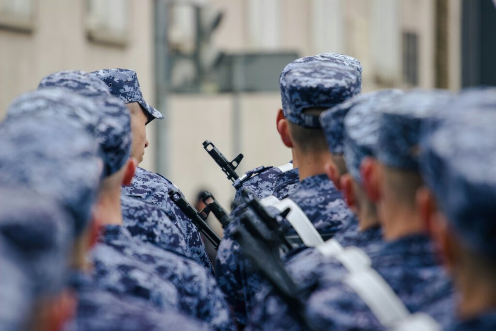 Russian army soldiers from behind.