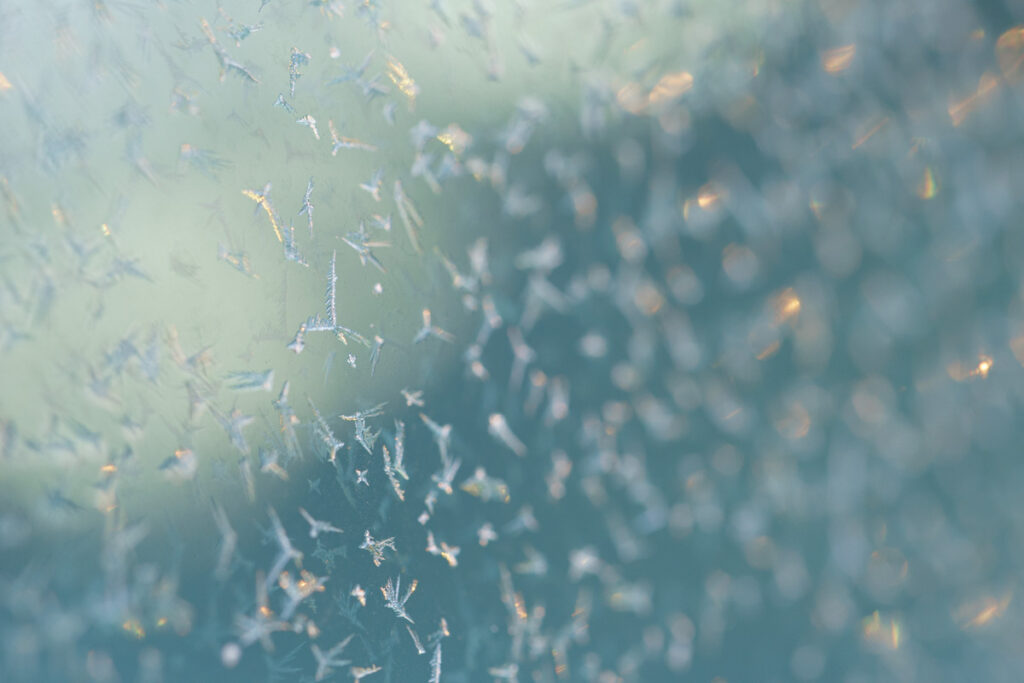 Dwelling in the Shelter of God (Psalm 91:1) Frost on glass with soft yellow sunlight highlights.