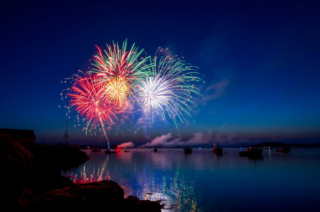 Happy Birthday, America? Reflections on 250 Years of Loving a Country Enough to Tell the Truth Fireworks during blue hour over water in Maine, USA.