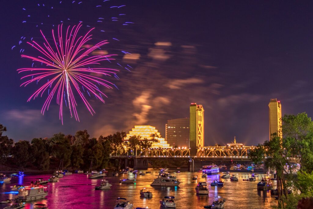 Fireworks over the Sacramento River in Sacramento.