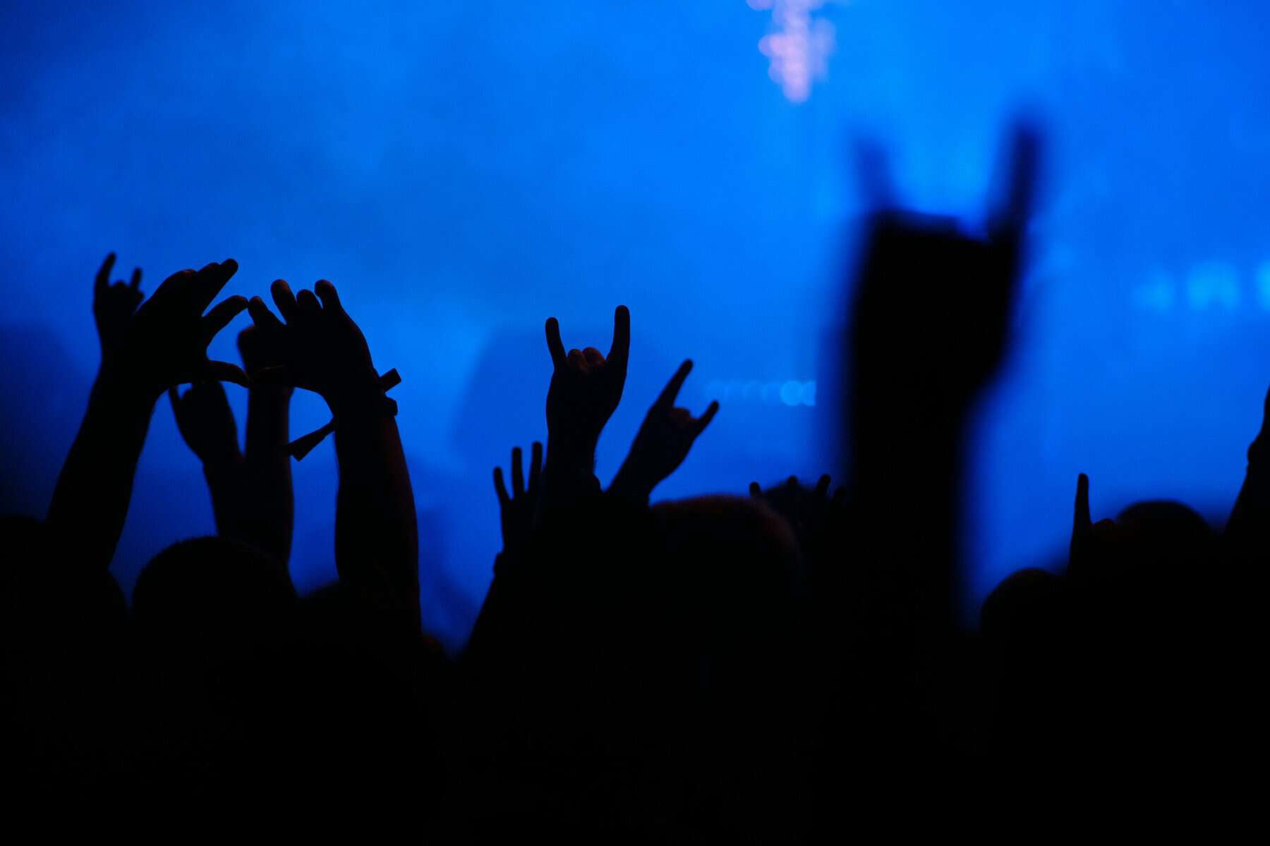People raising their hands symbolically at a concert in low, blue light.