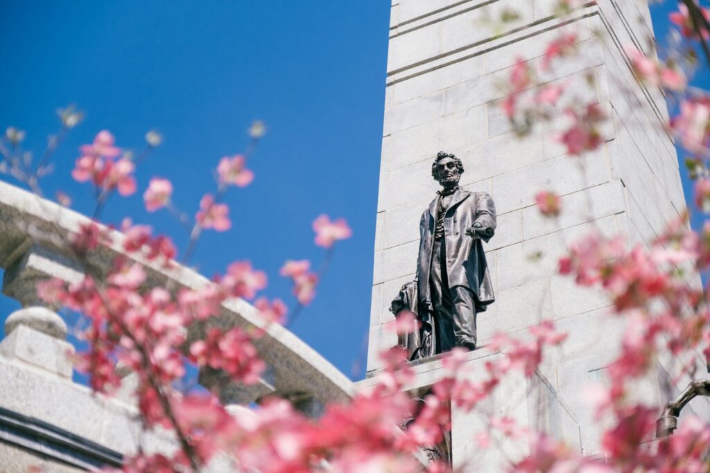 A statue of Abe Lincoln against a building and framed by cherry blossoms.