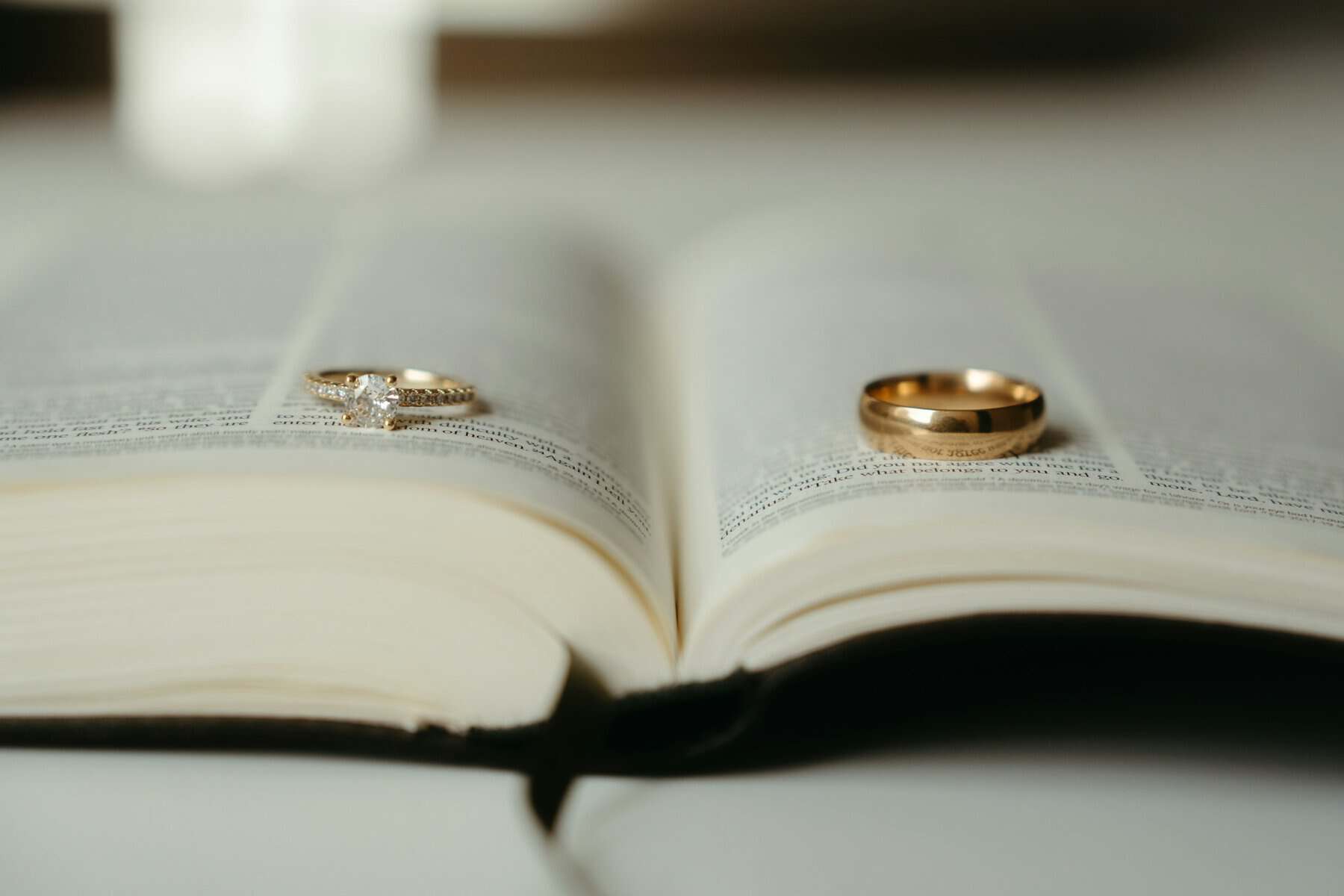 Wedding rings on an open bible.