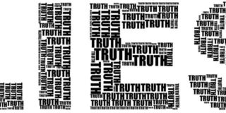 The word "lies" is shown in bold block letters made up of many smaller instances of the word "truth'.