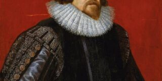 Francis Bacon is shown in a black top hat, black cape, and white neck collar of his era.