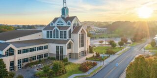 View of North Cleveland Church of God as seen from above at sunrise