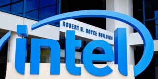 A blue intel logo is shown on a building.