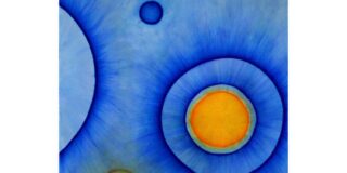 A blue and yellow painting created by Rondall Reynoso.