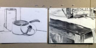 A drawing from the beginning of a semester compared to a drawing of the same still life by the same student from half way through the semester.