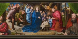 Hugo van der Goes colorful 1408 painting of the nativity is shown.