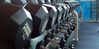 dumbbells on a rack in a gym
